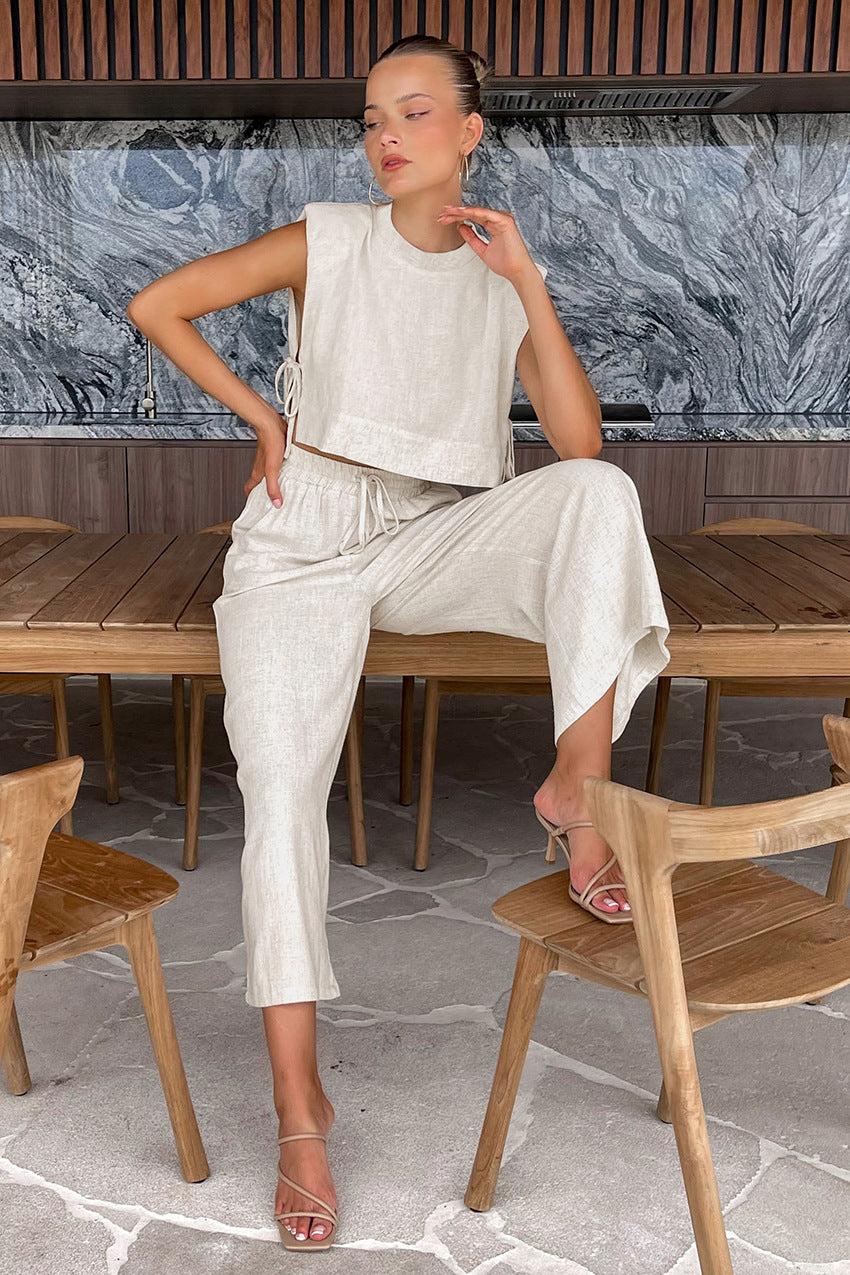 SOFT LINEN TOP & PANTS SET IN SAND BEIGE